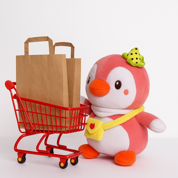 Kukkus Cute Pink Penguin Toy with Yellow Bag and Polka Dot Bow, Soft Stuffed Animal