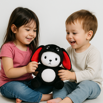 Kukkus Bunny Teddy Bear, Black and White with Red Ears, Soft Stuffed Animal Toy